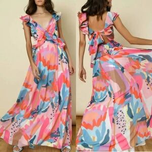 CEZELE Floral Abstrat Ruffled Open Back Bow Tie Cocktail Party Maxi Dress